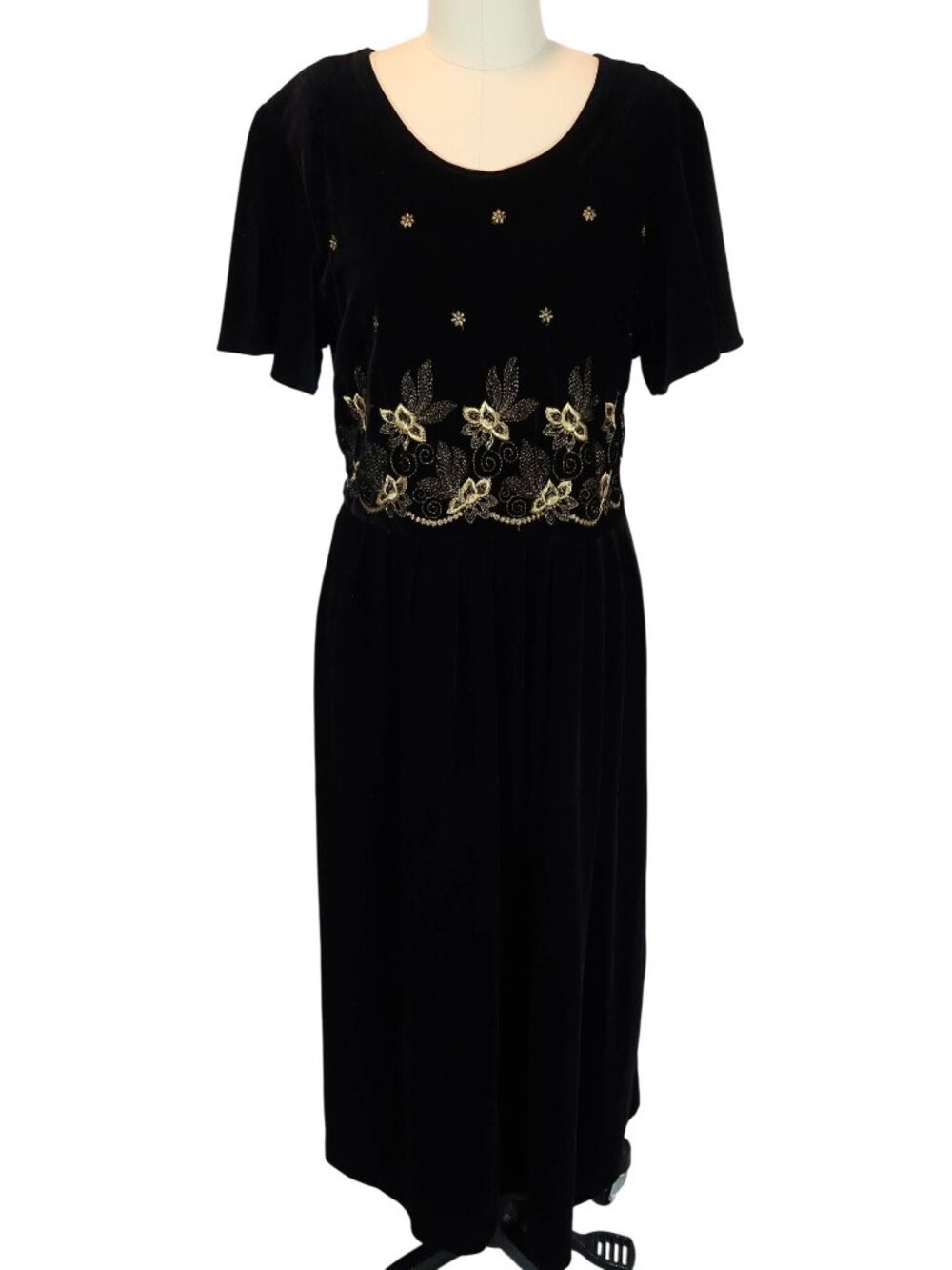 Vintage Velvet Gold Embroidered Flutter Sleeve Midi Dress Sz 16 Whimsigoth Fairy